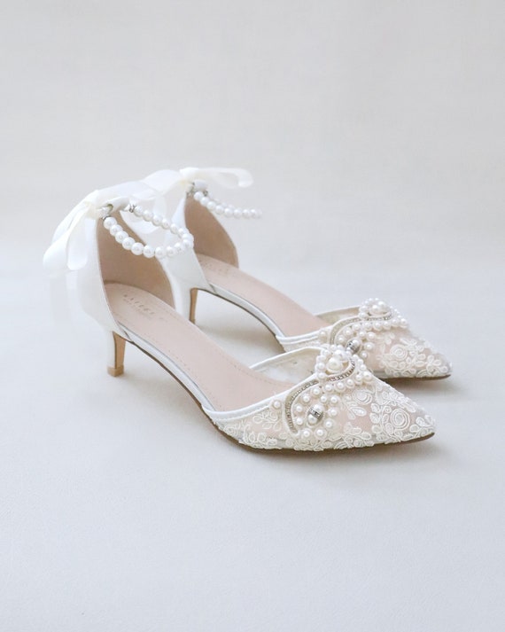 Buy Ivory Crochet Lace Pointy Toe Wedding Low Heels With Small