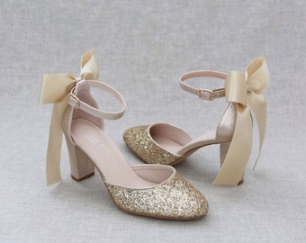 Gold Rock Glitter Block Heel With Satin Back Bow, Fall Wedding