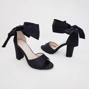 Black Satin Block Heel Evening Sandals with Wrapped Ribbon Tie - Women Party Shoes, Evening Shoes, Bridesmaids Heels image 4