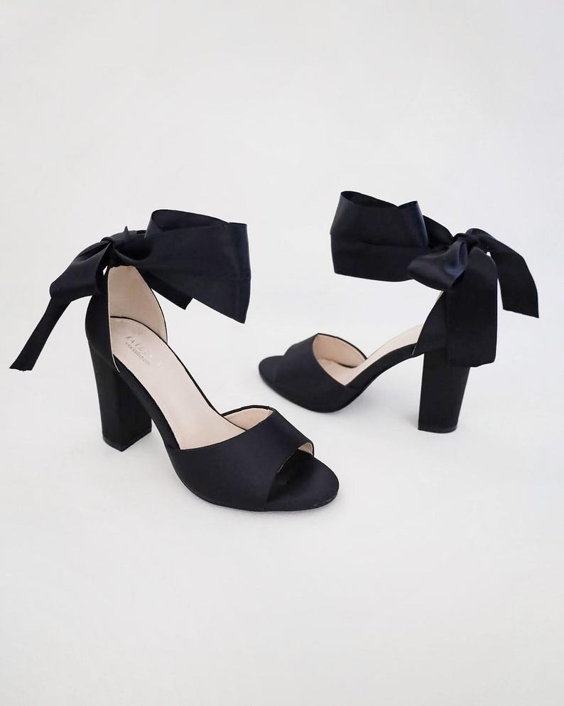 Black Satin Block Heel Evening Sandals with Wrapped Ribbon Tie - Women Party Shoes, Evening Shoes, Bridesmaids Heels image 4