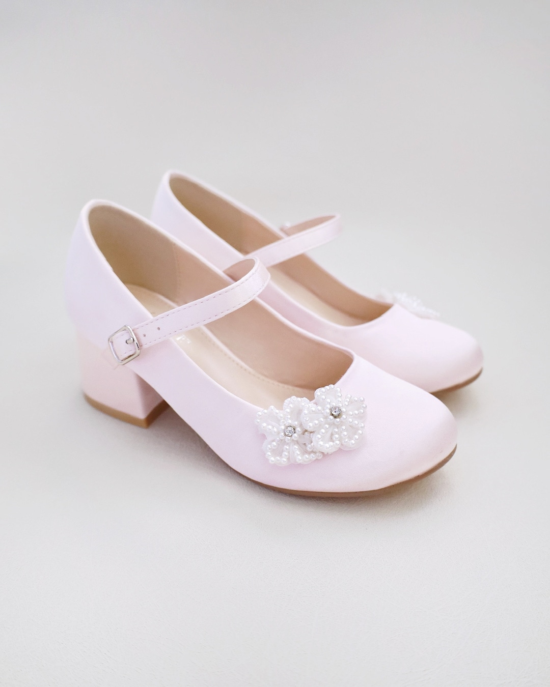 Dusty Pink Girls Satin Mary Jane Block Heel With All Pearls Chassia ...