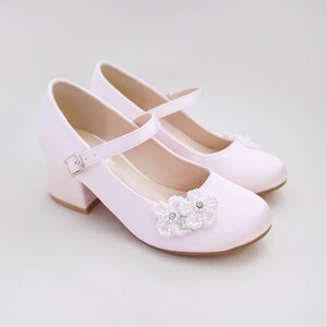 Dusty Pink Girls Satin Mary Jane Block Heel With All Pearls Chassia ...