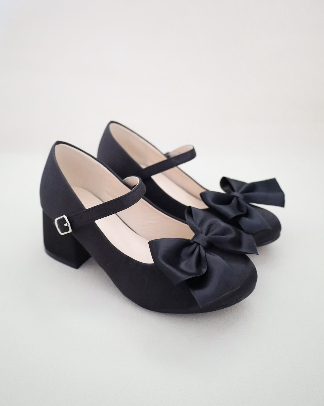 Heel Unique Girl Shoes Black Satin Mary Jane Girls Block Heel With