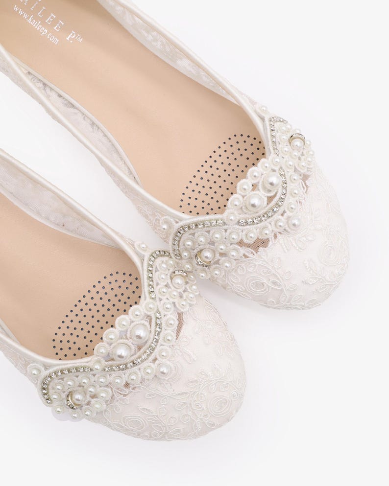 White Crochet Lace Round Toe Flats with SMALL PEARLS APPLIQUE - Women Wedding Shoes, Bridesmaid Shoes, Bridal Shoes, White Lace Shoes image 4