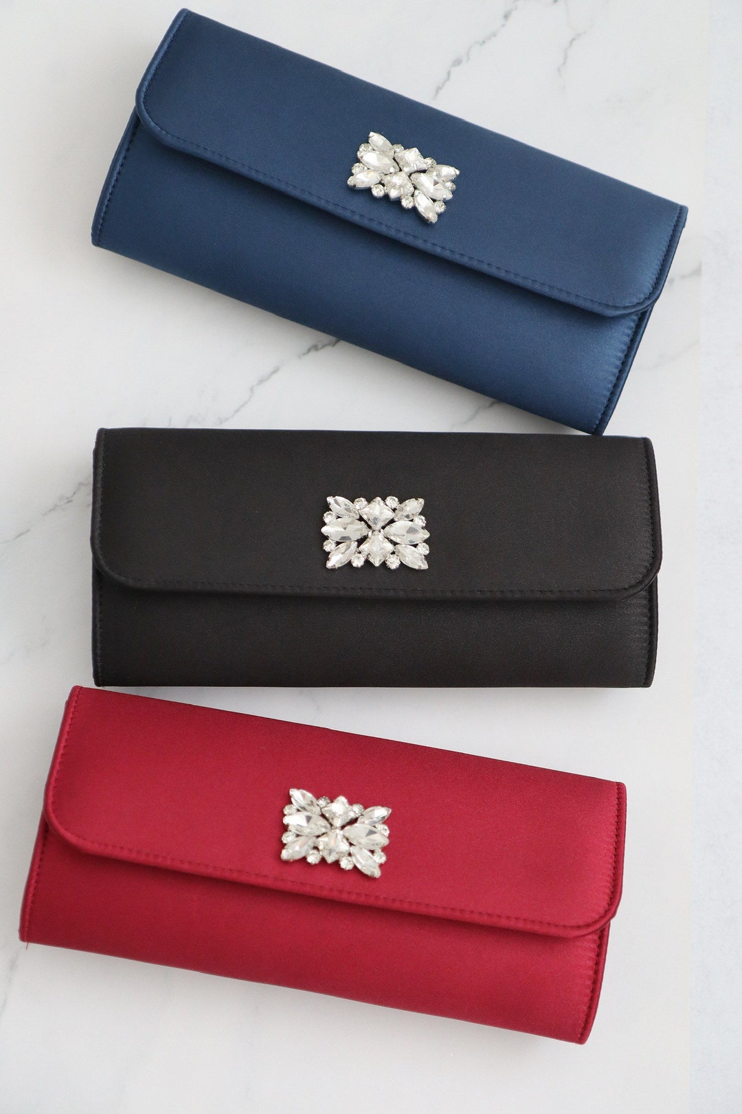 Satin Evening Clutch With Rectangular Brooch, Bridal Clutch