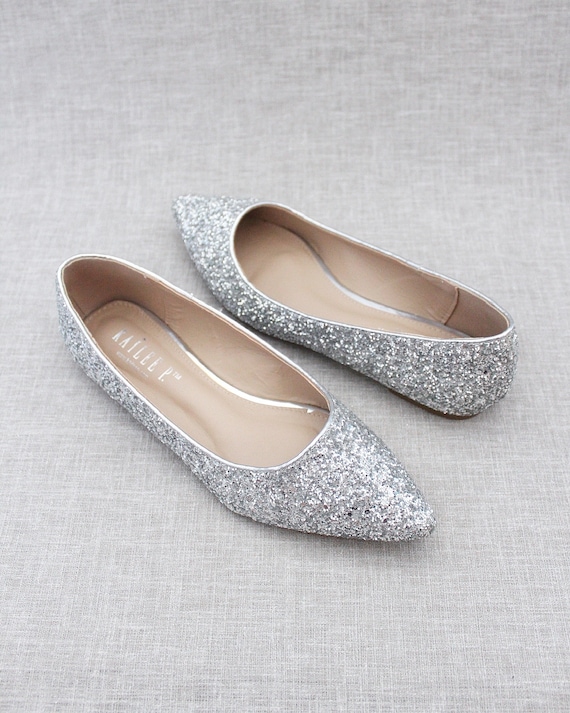 Silver Rock Glitter Pointy Toe Flats With Oversized SATIN BOW - Etsy