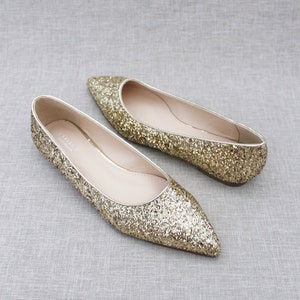 Gold Rock Glitter Pointy Toe Flats with Oversized SATIN BOW, Women Wedding Shoes, Bridesmaid Shoes, Glitter Shoes, Gold Holiday Shoes NO BOW