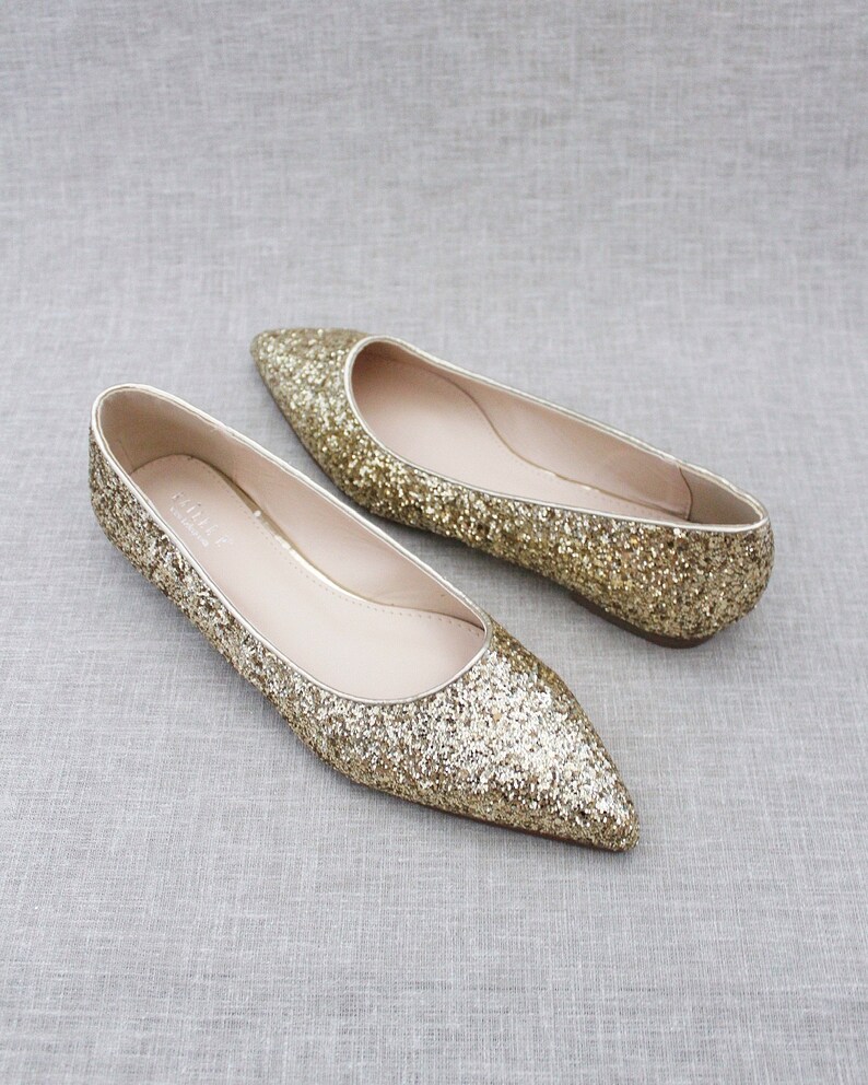 Gold Rock Glitter Pointy Toe Flats with Oversized SATIN BOW, Women Wedding Shoes, Bridesmaid Shoes, Glitter Shoes, Gold Holiday Shoes NO BOW