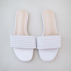 White Satin Slip on Sandals with Allover Pearls, Bridal Sandals, Bridesmaids Sandals, Wedding Sandals