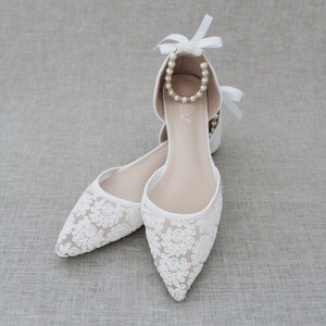 White Crochet Lace Pointy Toe Flats Women Wedding Shoes, Bridesmaid ...