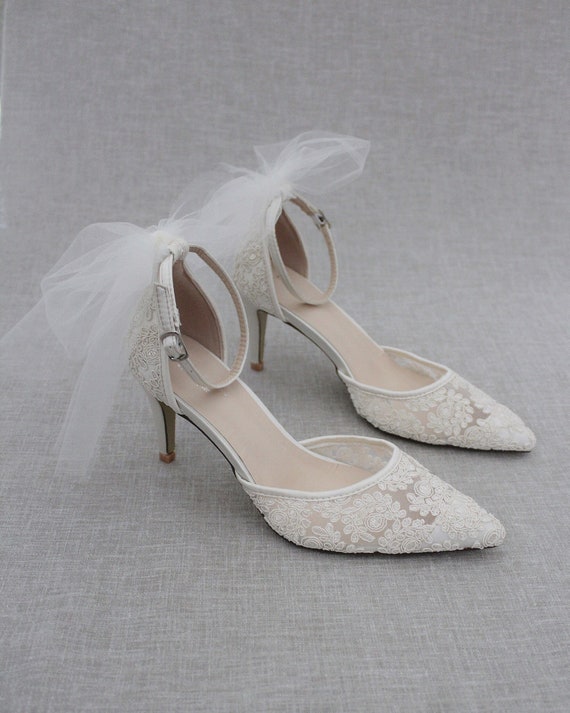 Ivory Crochet Lace Pointy Toe HEELS With TULLE Back Bow Women - Etsy