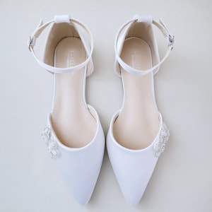 White Satin Pointy Toe Flats with Rhinestones Chassia Flower, Wedding Shoes, Bride Shoes, Bridesmaids Shoes, Bridal Flats