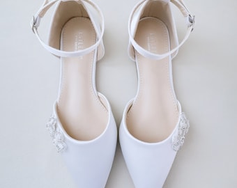 White Satin Pointy Toe Flats with Rhinestones Chassia Flower, Wedding Shoes, Bride Shoes, Bridesmaids Shoes, Bridal Flats