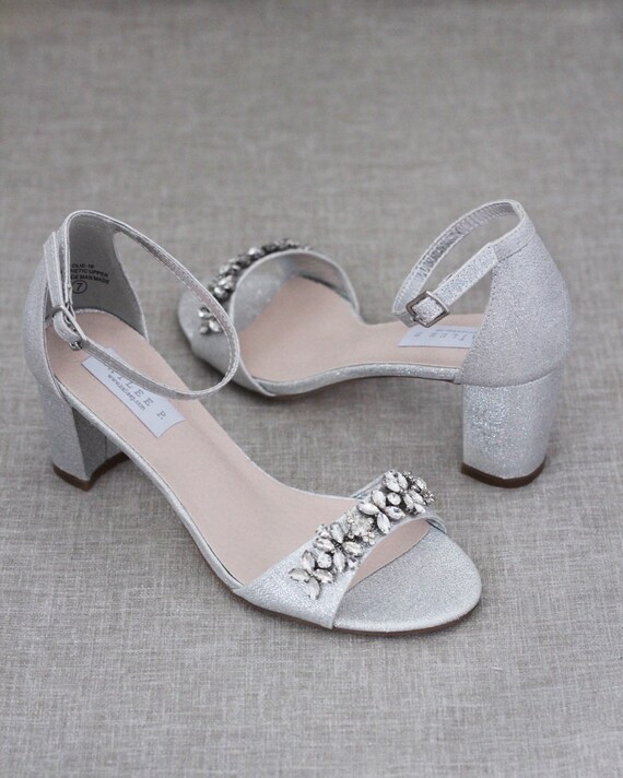 Silver Shimmer Low Block Heel Sandals With Embellished FLORAL | Etsy