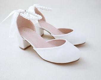 Girls Ivory Satin Block Heel with All Pearls Ankle Strap, Flower Girls Shoes, Little Girls Heels, Birthday Shoes, Prom Shoes