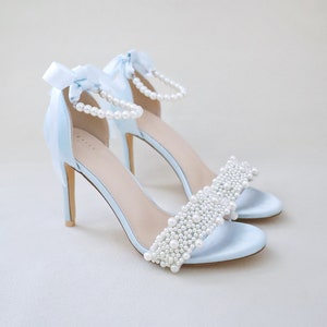 Light Blue Satin High Heel Wedding Sandals with Perla Applique, Wedding Heels Sandals, Bridesmaids Shoes, Heels Sandals, Something Blue