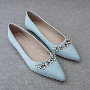 Light Blue Satin Pointy Toe Flats with FLORAL RHINESTONES Embellishments, Women Shoes, Light Blue Wedding, Something Blue, Bridesmaid Shoes image 1