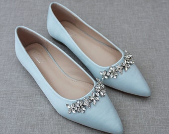 Light Blue Satin Pointy Toe Flats with FLORAL RHINESTONES Embellishments, Women Shoes, Light Blue Wedding, Something Blue, Bridesmaid Shoes