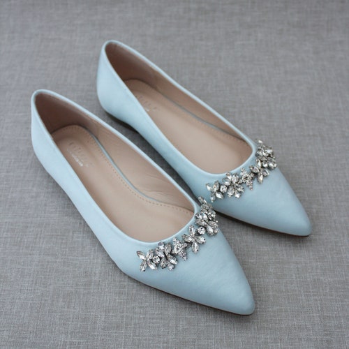 Light Blue Satin Pointy Toe Flats With FLORAL RHINESTONES - Etsy