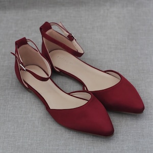 Burgundy Satin Pointy Toe Flats With Satin ANKLE TIE or BALLERINA Lace ...