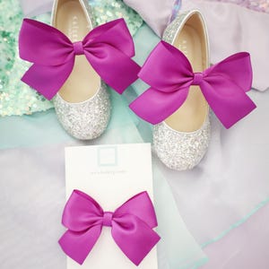 May include: A pair of silver glitter shoes with fuchsia satin bows. The shoes are on a light blue and purple background. A fuchsia satin bow is also shown on a white card with the text "www.kaliebp.com".