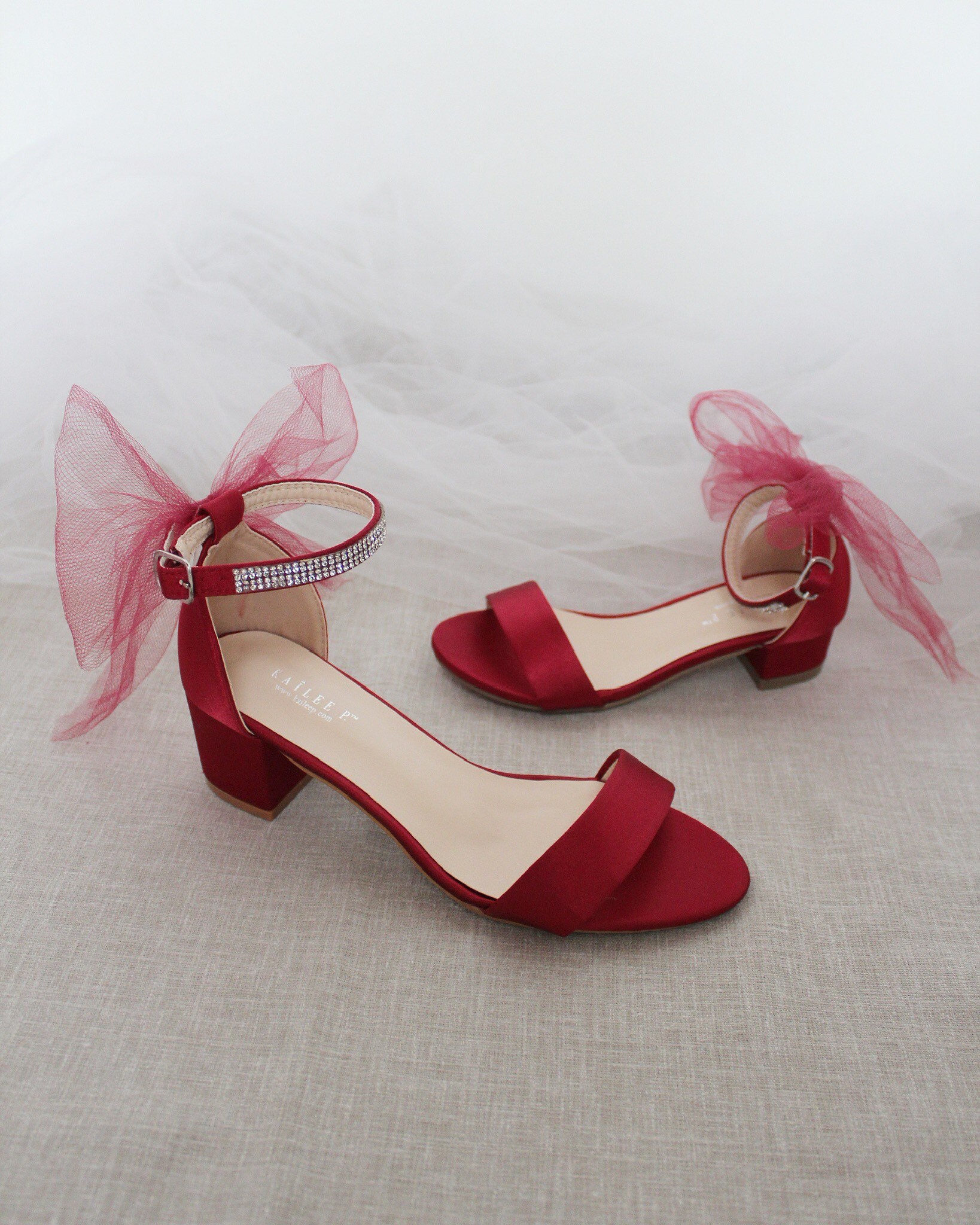 Burgundy Satin Block Heel Sandal with TULLE BACK BOW Women | Etsy
