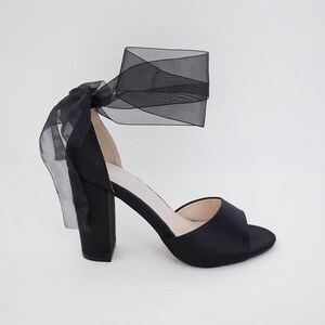 Black Satin Block Heel Evening Sandals with Wrapped Ribbon Tie - Women Party Shoes, Evening Shoes, Bridesmaids Heels image 6