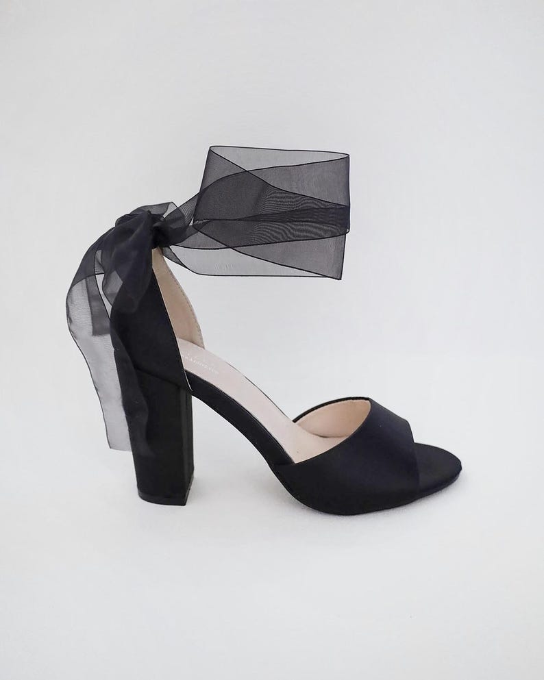 Black Satin Block Heel Evening Sandals with Wrapped Ribbon Tie - Women Party Shoes, Evening Shoes, Bridesmaids Heels image 6
