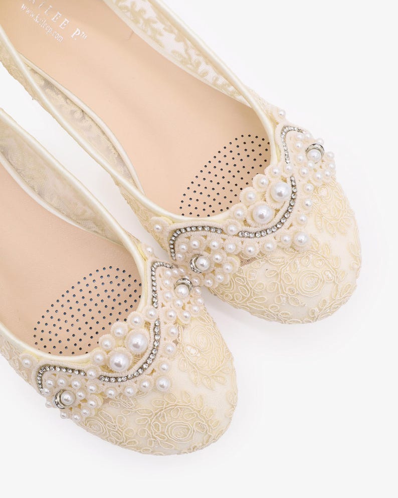 Ivory Crochet Lace Round Toe Flats with SMALL PEARLS APPLIQUE - Women Wedding Shoes, Bridesmaid Shoes, Bridal Shoes, Bridal Lace Shoes image 4