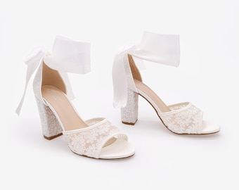 White Crochet Lace Block Heel Sandals with Wrapped Ribbon Tie - Women Wedding Shoes, Bridesmaids Shoes, Bridal Shoes, Bridal Heels