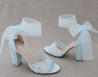 Light Blue Crochet Lace Block Heel Sandals With Wrapped Ribbon Tie