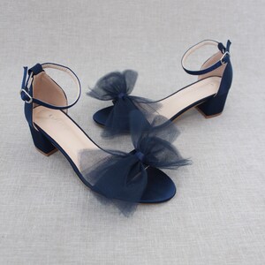 Navy Satin Block Heel Sandal With Front Oversized TULLE BOW - Etsy