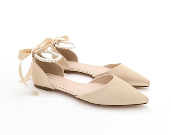 Zapatos planos de punta puntiaguda de satén color champán con tira en el tobillo TODO CON PERLAS, para bodas de otoño, zapatos de dama de honor, zapatos planos de novia, zapatos de noche, zapatos para fiestas