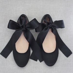 Women Shoes Black Satin Flats with Satin Ankle Tie or Ballerina Lace Up Bridesmaids Shoes, Fall Wedding Flats, Holiday Shoes SATIN ANKLE TIE