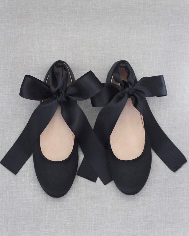 Women Shoes Black Satin Flats with Satin Ankle Tie or Ballerina Lace Up Bridesmaids Shoes, Fall Wedding Flats, Holiday Shoes SATIN ANKLE TIE
