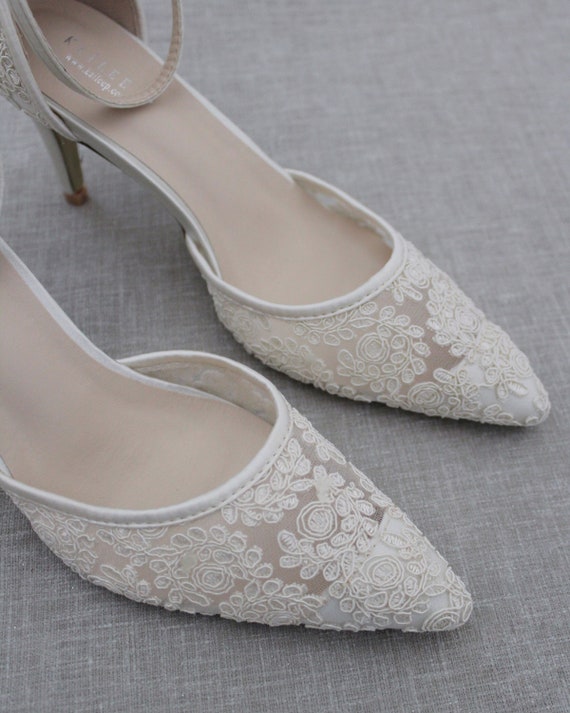 Ivory Crochet Lace Pointy toe HEELS with TULLE Back Bow Women Wedding Shoes Bridesmaid Shoes