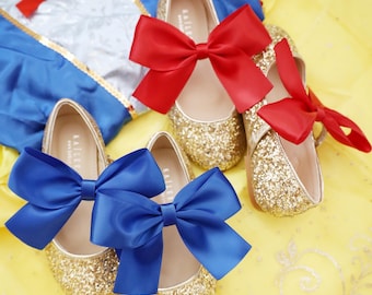 Gold Rock Glitter Mary Jane with Red and Royal Blue Satin Bow, Girls Costume Shoes, Flower Girl Shoes, Halloween Shoes, Glitter Shoes