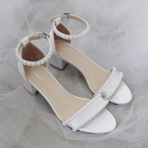 Women & Kids Shoes White Satin Block Heel Sandal with PEARLS, Women Sandals, Wedding Sandals, Flower Girls Shoes, Mommy and Mini Shoes image 1