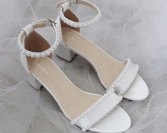 Women & Kids Shoes | White Satin Block Heel Sandal with PEARLS, Women Sandals, Wedding Sandals, Flower Girls Shoes, Mommy and Mini Shoes