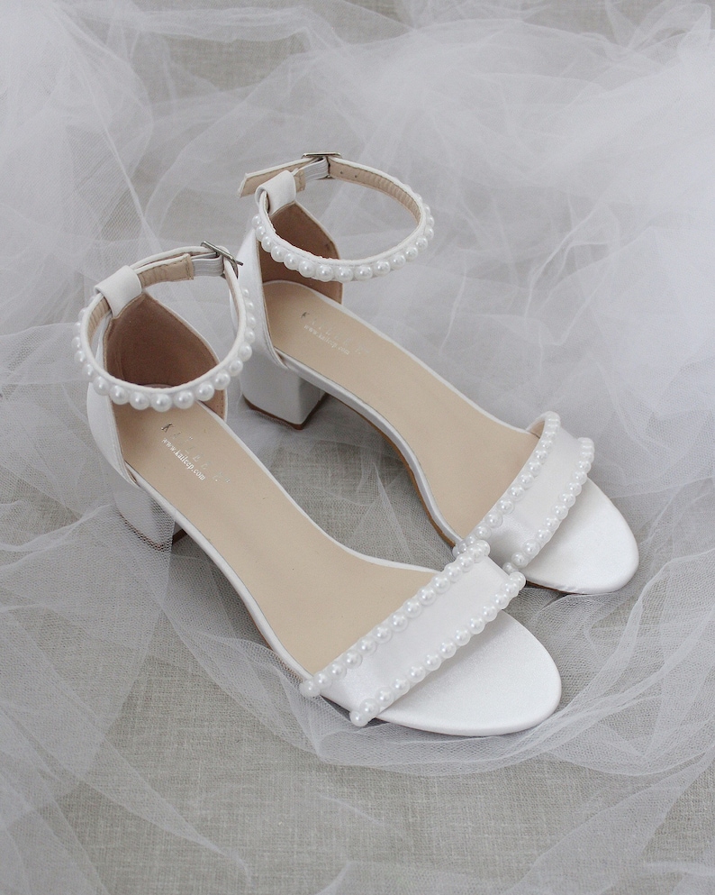 Women & Kids Shoes White Satin Block Heel Sandal with PEARLS, Women Sandals, Wedding Sandals, Flower Girls Shoes, Mommy and Mini Shoes image 1