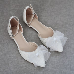 White Rock Glitter Pointy Toe Flats with Ankle Strap & Organza Bow, Wedding Shoes, Bride Shoes, Bridesmaids Shoes, Holiday Shoes