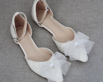 White Rock Glitter Pointy Toe Flats with Ankle Strap & Organza Bow, Wedding Shoes, Bride Shoes, Bridesmaids Shoes, Holiday Shoes