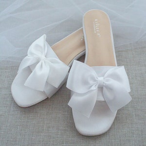 WHITE SATIN Slide Flat Sandals With Satin Bow Bridal - Etsy