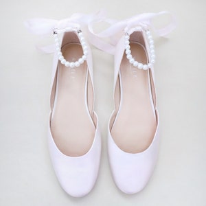Dusty Pink Satin Flats with All Pearls Ankle Strap, Women Wedding Shoes, Bridesmaids Shoes, Prom Night, Evening Flats