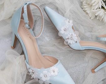 Light Blue Satin Pointy Toe Heels with WHITE FLOWER APPLIQUES - Wedding Shoes, Bridesmaids Shoes, Evening Shoes, Something Blue, Bridal Heel