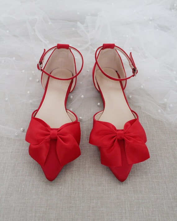 Red Pointy Toe Glitter Flats, Evening Shoes, Bridesmaids Shoes 8.5