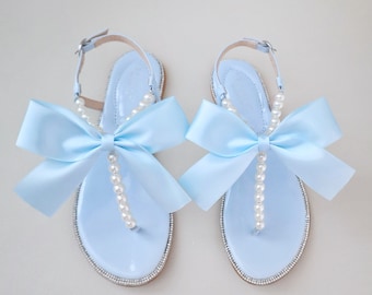 Light Blue T-Strap Pearls Wedding Flat Sandals with Oversized Bow, Wedding Sandals, Bridal Sandals, Pearl Flat Sandals, Something Blue