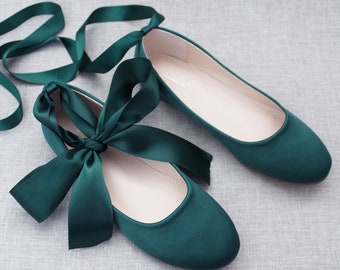 Women Shoes | Hunter Green Satin Flats with Satin Ankle Tie or Ballerina Lace Up - Fall Bridal Shoes, Holiday Shoes, Jr. Bridesmaids Shoes