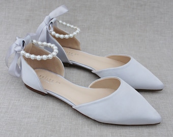 Silver Satin Pointy Toe Flats with PEARLS ANKLE STRAP, Holiday Wedding Shoes, Bridal Shoes, Satin Wedding Shoes, Silver Bridal Shoes