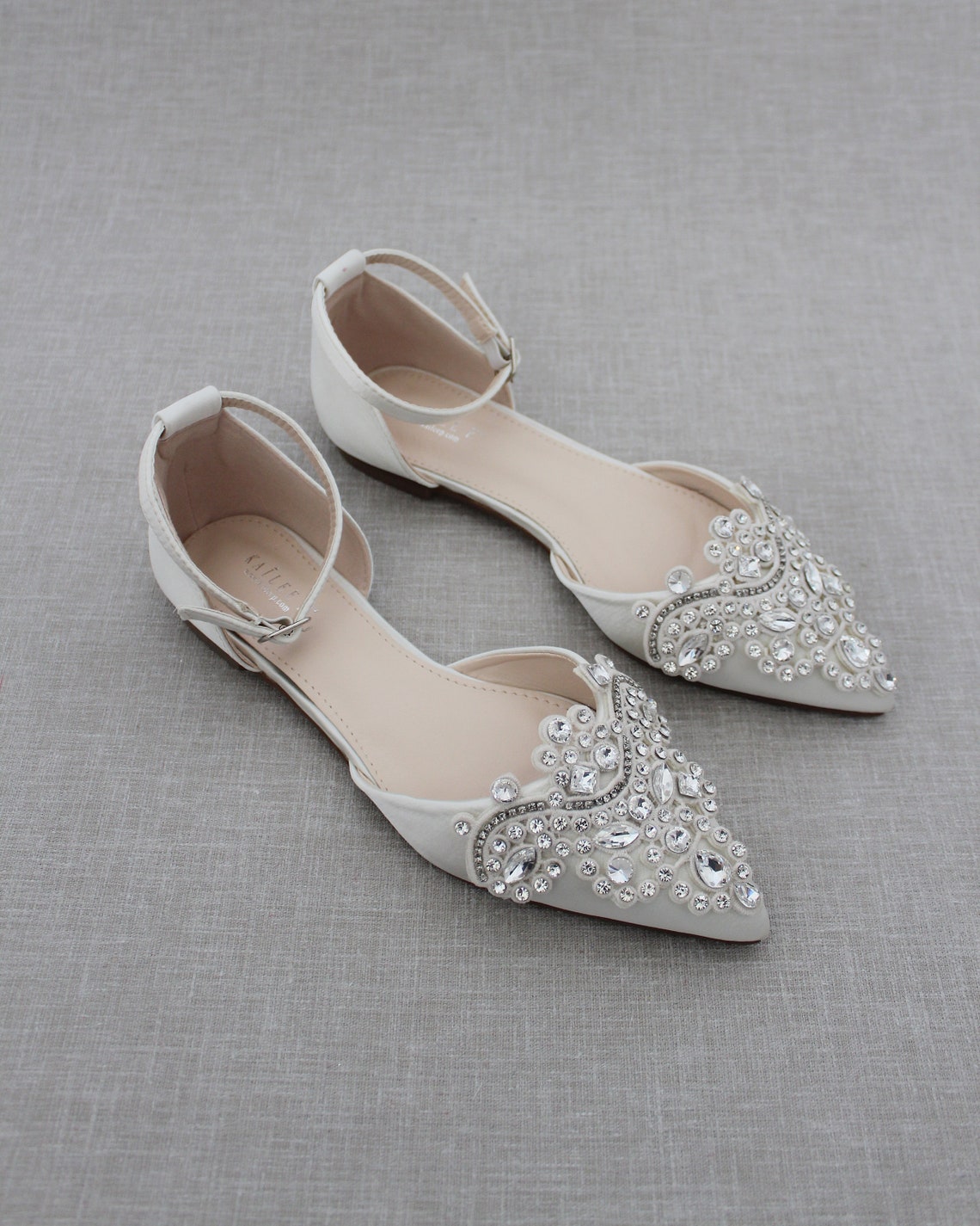 Ivory Satin Pointy Toe Flats with Sparkly RHINESTONES APPLIQUE OVERSIZED RHINESTONE